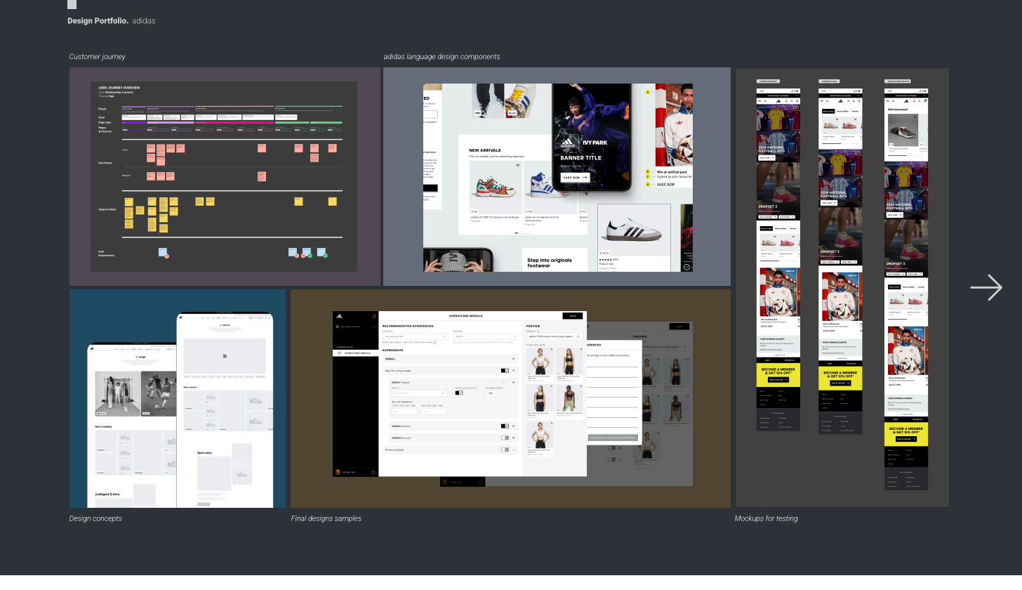 Customer journey, design concepts, final design samples and testing mockups