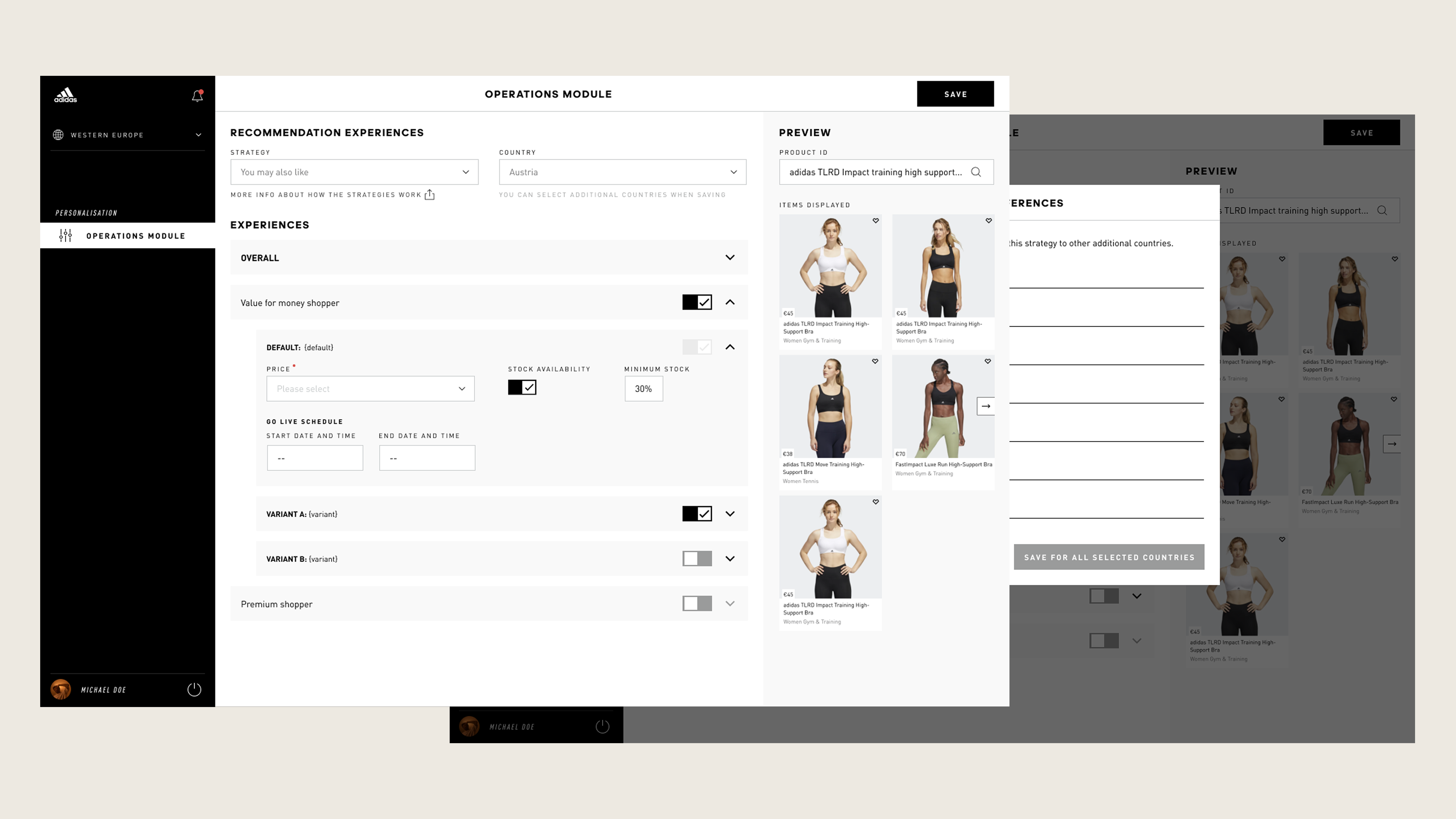 Operations Module — final design, personalisation interface with recommendation experiences