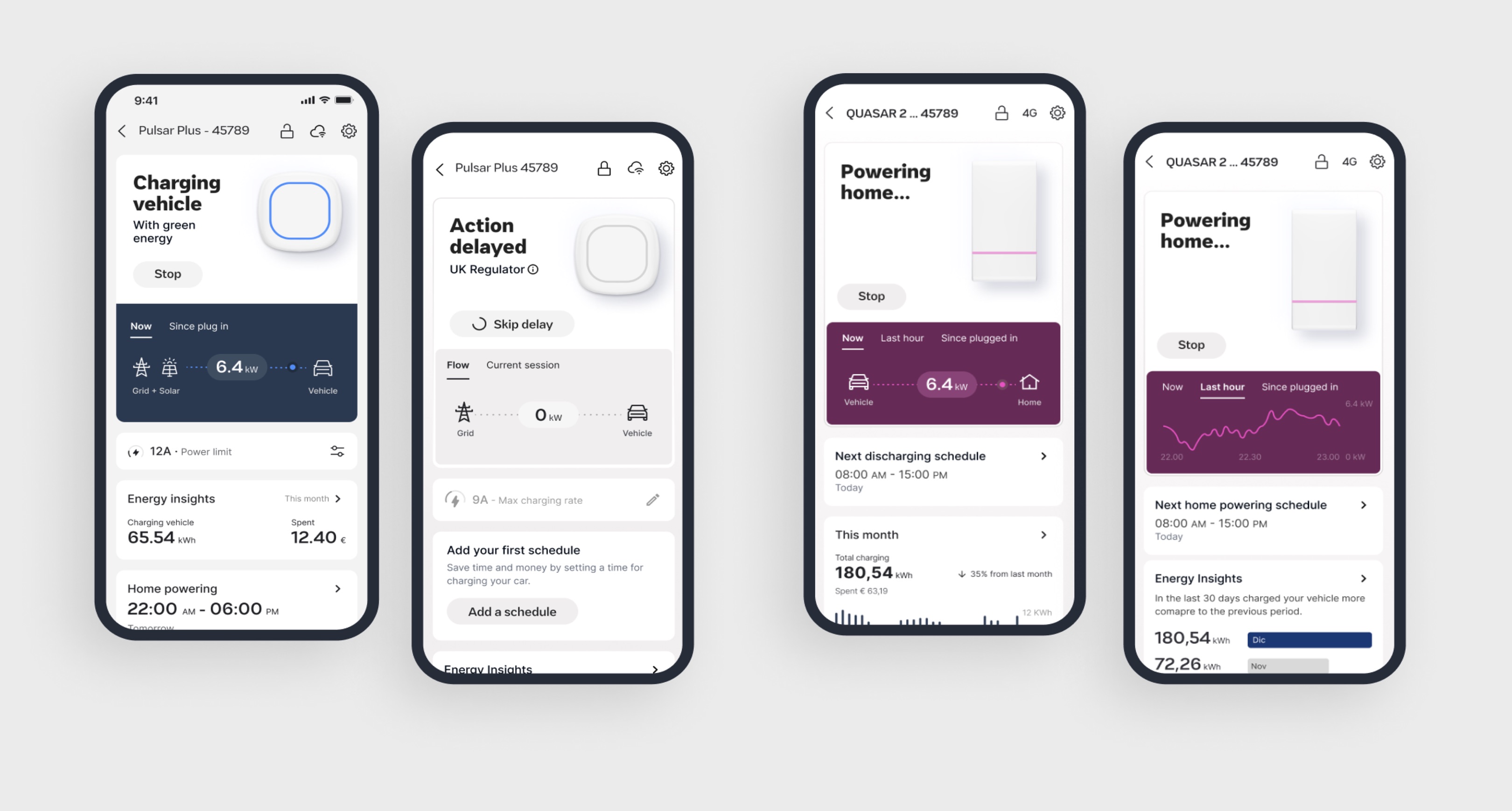 New design light mode — Pulsar Plus and Quasar 2 screens in charging, delayed, and home-powering states