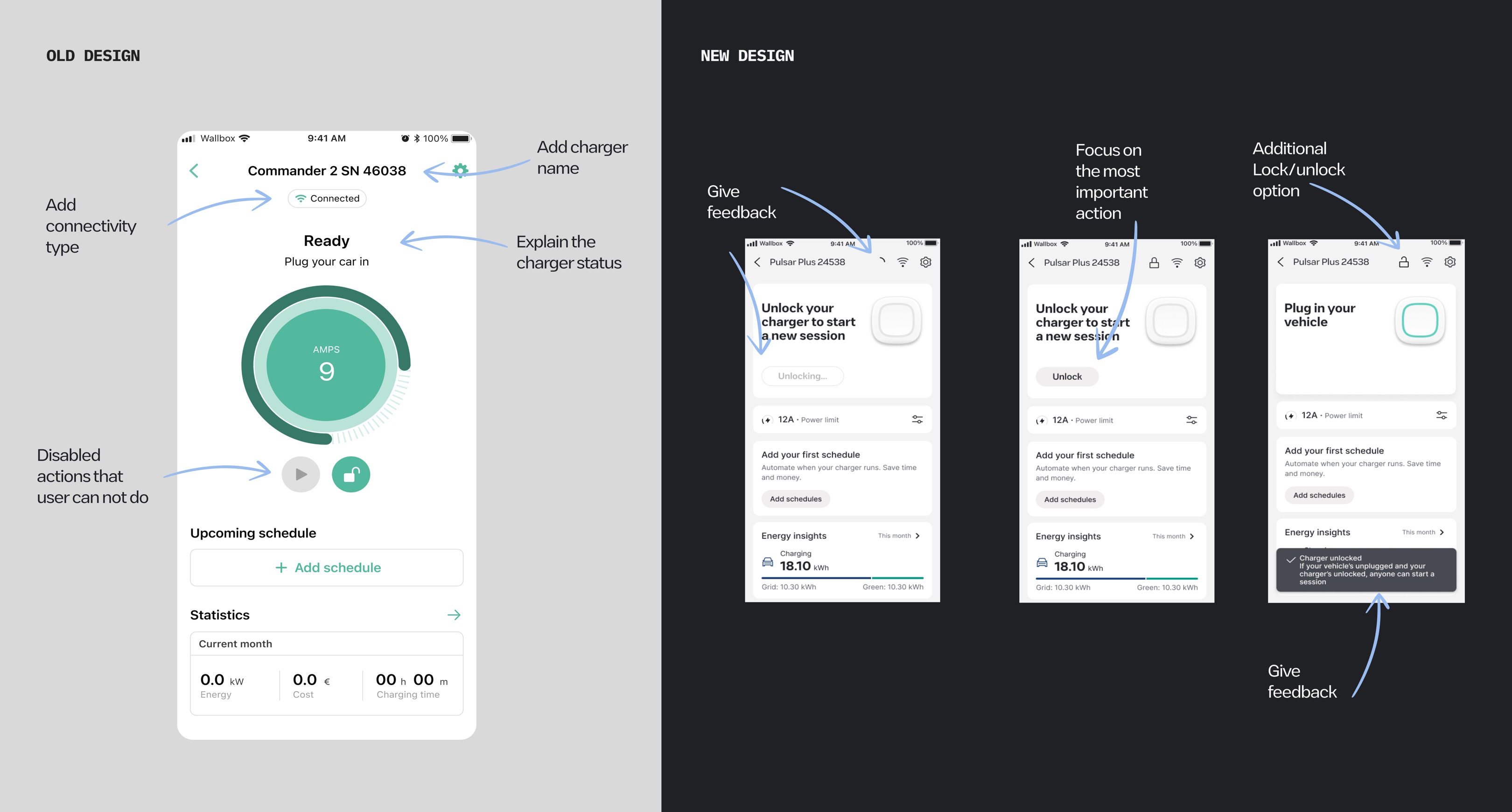 Old vs new design — side-by-side comparison of the legacy and redesigned charger control screen